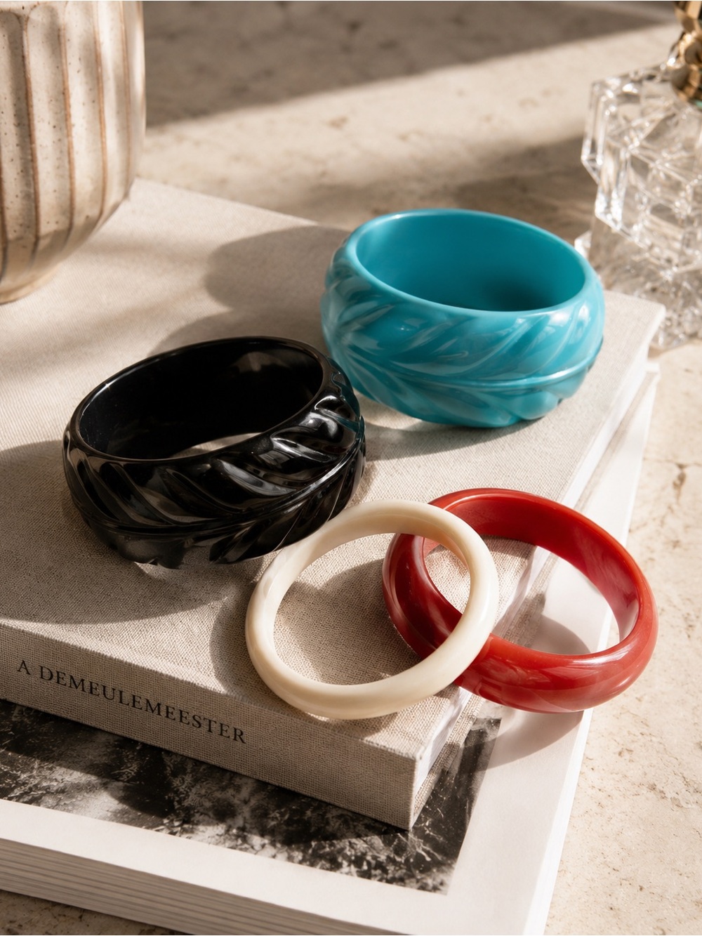 Vintage Colorful Resin Bangle Bracelet Set | 4-Piece Stack | Retro Acrylic